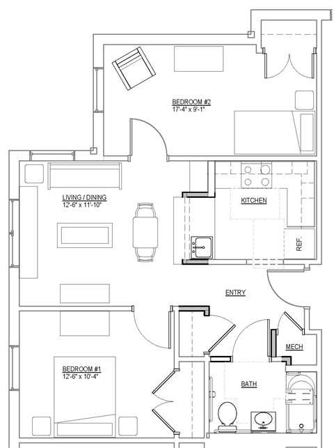 Floor plan for 2 beds, 1 bath, 724 sqft
